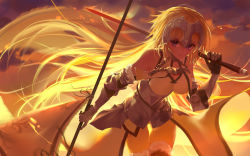 Rule 34 | 1girl, blonde hair, blue eyes, blush, breasts, closed mouth, dual wielding, fate/grand order, fate (series), flag, highres, holding, holding flag, holding sword, holding weapon, jeanne d&#039;arc (fate), jeanne d&#039;arc (ruler) (fate), jeanne d&#039;arc (third ascension) (fate), large breasts, looking at viewer, qidai, short hair, smile, solo, sword, weapon