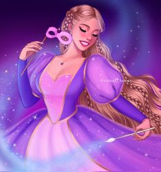 Rule 34 | 1girl, barbie (character), barbie (franchise), barbie as rapunzel, barbie movies, blonde hair, braid, breasts, closed eyes, dress, formal, gown, highres, jewelry, juliet sleeves, long hair, long sleeves, magic, mask, masquerade mask, nail polish, necklace, paintbrush, princess, puffy sleeves, purple background, purple dress, rapunzel (barbie), rapunzel (grimm), red lips, small breasts, smile, solo, sparkle, very long hair, virtual bunny