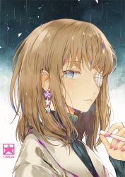 Rule 34 | 1girl, bad id, bad pixiv id, blue eyes, blush, cigarette, dangmill, earrings, eyepatch, fingernails, from side, holding, holding cigarette, jewelry, light brown hair, long hair, long sleeves, looking at viewer, nail polish, original, pink nails, solo, star (symbol), star earrings, turtleneck, upper body, wet