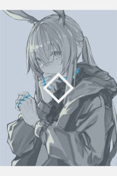 Rule 34 | 1girl, absurdres, amiya (arknights), animal ears, arknights, blue choker, choker, closed mouth, earrings, fingernails, grey background, greyscale, hair between eyes, hand on own chin, highres, hood, hood down, hooded jacket, jacket, jewelry, long hair, monochrome, open clothes, open jacket, piercing, pinky ring, ponytail, ring, shiba42505719, simple background, solo, spot color, thumb ring