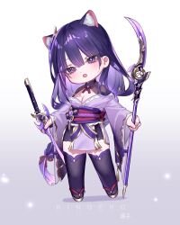 Rule 34 | 1girl, :o, animal ear fluff, animal ears, black thighhighs, breasts, cat ears, chibi, cleavage, commentary, engulfing lightning (genshin impact), fang, full body, genshin impact, gradient background, grey background, highres, holding, holding polearm, holding sword, holding weapon, japanese clothes, kemonomimi mode, kimono, long hair, long sleeves, mistsplitter reforged (genshin impact), naginata, obi, polearm, purple eyes, purple hair, purple kimono, raiden shogun, ringeko-chan, sash, skin fang, solo, standing, sword, thighhighs, very long hair, weapon, white background, wide sleeves