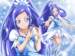 Rule 34 | :d, blue dress, blue eyes, blue hair, bracelet, breasts, brooch, choker, closed mouth, collarbone, covered erect nipples, cure diamond, dokidoki! precure, dress, earrings, hanzou, heart, heart brooch, high ponytail, hishikawa rikka, jewelry, layered dress, leg up, long hair, looking at viewer, multiple views, open mouth, outstretched arms, outstretched hand, parted bangs, precure, redrawn, short dress, short sleeves, small breasts, smile, sparkle, standing, standing on one leg, very long hair
