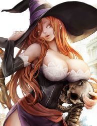 Rule 34 | 1girl, breasts, brown eyes, brown hair, cleavage, detached sleeves, dragon&#039;s crown, dress, hat, large breasts, long hair, nabe (crow&#039;s head), open mouth, sash, side slit, skeleton, skull, solo, sorceress (dragon&#039;s crown), strapless dress, witch hat