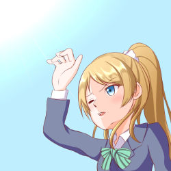 Rule 34 | 1girl, artist request, ayase eli, blonde hair, blue eyes, blush, bow, bowtie, button, collared shirt, earrings, female focus, green bow, green bowtie, hair bow, highres, jewelry, loafers, long hair, looking at viewer, love live!, love live! school idol project, neckwear request, nig40997802, otonokizaka school uniform, ponytail, school uniform, scrunchie, shirt, shoes, short hair, short sleeves, smile, solo, striped bow, striped bowtie, striped clothes, sweater vest, vest, white scrunchie