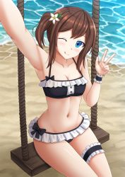 Rule 34 | 1girl, ;q, arm up, armpits, bare shoulders, beach, bikini, black bikini, blue eyes, blush, breasts, brown hair, cleavage, closed mouth, collarbone, commentary, day, flower, frilled bikini, frills, hair flower, hair ornament, hana macchia, hand up, highres, kazenokaze, bridal garter, long hair, looking at viewer, navel, nijisanji, nijisanji id, one eye closed, outdoors, outstretched arm, sand, selfie, side ponytail, sidelocks, sitting, small breasts, smile, solo, swimsuit, swing, tongue, tongue out, very long hair, virtual youtuber, water, white flower, wrist cuffs