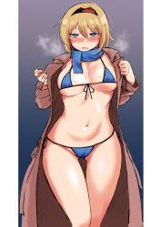 Rule 34 | 1girl, alice margatroid, baketsuya, blonde hair, blush, breasts, breath, commentary request, feet out of frame, hairband, half-closed eyes, highres, legs together, looking at viewer, medium breasts, nose blush, short hair, solo, straight-on, touhou