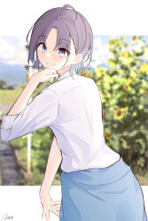 Rule 34 | 1girl, absurdres, ahoge, asakura toru, blue cardigan, blue eyes, blue hair, blurry, blurry background, cardigan, cardigan around waist, clothes around waist, collared shirt, commentary request, cowboy shot, gradient hair, hair between eyes, highres, idolmaster, idolmaster shiny colors, letterboxed, looking at viewer, looking back, multicolored hair, noa 82g, open mouth, outdoors, parted bangs, partial commentary, purple hair, shade, shirt, short hair, signature, smile, solo, white shirt