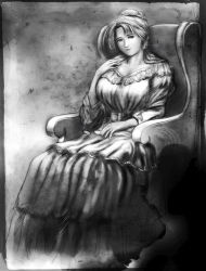 Rule 34 | 1girl, breasts, chair, dress, glasses, large breasts, lowres, monochrome, s zenith lee, sitting, solo
