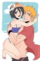 Rule 34 | 1boy, 1girl, bare arms, bare legs, barefoot, bikini, black hair, bleach, blue sky, blush, bra, breasts, brown eyes, carrying, cleavage, cloud, couple, dangerousbride, facing viewer, feet, grin, hair between eyes, happy, hetero, highres, holding, hug, kuchiki rukia, kurosaki ichigo, legs up, lifting person, looking at viewer, open clothes, open mouth, open shirt, orange hair, outdoors, panties, parted lips, pectorals, purple eyes, red shirt, shirt, short hair, short sleeves, shorts, sky, small breasts, smile, spiked hair, standing, swimsuit, teeth, toes, tongue, underwear, v, visor cap