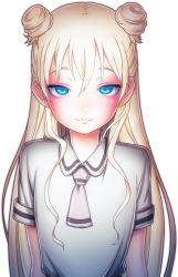 Rule 34 | 10s, 1girl, :3, arms at sides, asobi asobase, bad id, bad pixiv id, black skirt, blonde hair, blue eyes, blush, closed mouth, collared shirt, double bun, highres, long hair, looking at viewer, necktie, olivia (asobi asobase), shirt, short sleeves, skirt, solo, tsiox, white background, white shirt, wing collar