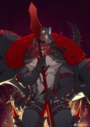 Rule 34 | 1boy, bara, cowboy shot, cu chulainn (fate), cu chulainn alter (fate), dog boy, fate/grand order, fate (series), furrification, furry, gae bolg (fate), glowing, glowing eye, highres, holding, holding polearm, holding weapon, hood, hood up, large pectorals, looking at viewer, male focus, muscular, muscular male, pectorals, polearm, shiba ichi, short hair, solo, spikes, straight-on, sword in front of face, thick eyebrows, thick thighs, thighs, weapon