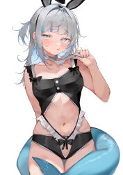 Rule 34 | 1girl, absurdres, alternate costume, animal ears, blue hair, blush, breasts, clothing request, colored inner hair, commentary, fake animal ears, fins, fish tail, gawr gura, grey hair, highres, hololive, hololive english, looking at viewer, medium hair, multicolored hair, navel, pepq, shark girl, shark tail, small breasts, solo, streaked hair, symbol-only commentary, tail, tongue, tongue out, transparent background, two side up, virtual youtuber