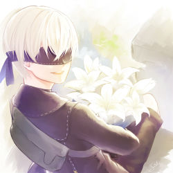 Rule 34 | 1boy, android, blindfold, bouquet, commentary, flower, hair over eyes, holding, holding bouquet, jacket, kicchan, lunar tear, male focus, nier (series), nier:automata, open mouth, short hair, shorts, silver hair, sitting, smile, solo, 9s (nier:automata)