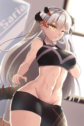 Rule 34 | 1girl, abs, absurdres, arknights, asymmetrical clothes, asymmetrical pants, black pants, black sports bra, brown eyes, character name, dragon girl, dragon horns, dragon tail, groin, highres, holding, holding towel, horns, long hair, midriff, navel, oboenikui namae, one eye closed, open mouth, pants, platinum blonde hair, saria (arknights), solo, sports bra, sweat, tail, tight clothes, tight pants, towel, white towel, yoga pants