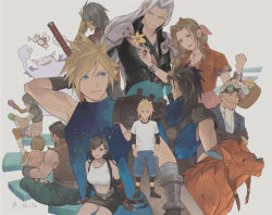 Rule 34 | 4girls, 6+boys, aerith gainsborough, armor, bare shoulders, barret wallace, black hair, black skirt, blonde hair, blue eyes, bracelet, brown hair, buster sword, cait sith (ff7), child, cid highwind, cloud strife, crop top, detached sleeves, dress, earrings, final fantasy, final fantasy vii, flower, gloves, goggles, goggles on head, green eyes, grey hair, hair ribbon, headband, holding, holding sword, holding weapon, jacket, jewelry, long hair, low-tied long hair, marlene wallace, multiple boys, multiple girls, pink dress, pink ribbon, red eyes, red jacket, red xiii, ribbon, sephiroth, shillo, shirt, short hair, shorts, shoulder armor, simple background, sitting, skirt, sleeveless, sleeveless turtleneck, spiked hair, suspender skirt, suspenders, sweater, sword, t-shirt, tank top, tifa lockhart, turtleneck, turtleneck sweater, vincent valentine, weapon, white tank top, yellow flower, yuffie kisaragi, zack fair