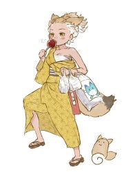 Rule 34 | 1girl, animal ear fluff, animal ears, bag, blonde hair, candy apple, chest sarashi, coyopotato, coyote (kemono friends), eating, floral print, food, geta, holding, holding bag, japanese clothes, kemono friends, kemono friends v project, kimono, kishida shiki, kyoufuu all back (vocaloid), lucky beast (kemono friends), multicolored hair, obi, open clothes, open kimono, print kimono, sarashi, sash, short hair, tail, virtual youtuber, wide sleeves, wolf ears, wolf tail, yellow eyes, yellow kimono
