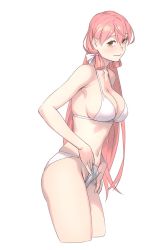 Rule 34 | 1girl, akashi (kancolle), bikini, breasts, cleavage, closed mouth, cropped legs, from side, green eyes, hair between eyes, hair ribbon, highres, kantai collection, large breasts, long hair, navel, pink hair, ribbon, simple background, solo, swimsuit, tress ribbon, white background, white bikini, yuuji (and)