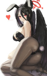Rule 34 | ..., 1girl, absurdres, angel wings, animal ears, ass, bare shoulders, black hair, black headband, black pantyhose, black wings, blue archive, breasts, closed mouth, commentary request, dolri, dress, eyeshadow, fake animal ears, feathered wings, feet, from behind, hair between eyes, halo, hasumi (blue archive), headband, heart, highres, large breasts, leotard, long hair, looking at viewer, looking back, makeup, no shoes, pantyhose, playboy bunny, rabbit tail, red eyes, sideboob, simple background, smile, solo, strapless, strapless dress, tail, thighs, white background, wings