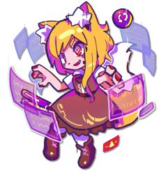 Rule 34 | 1girl, @ @, animal ear fluff, animal ears, blonde hair, blush, boots, brown footwear, brown skirt, brown vest, commentary request, cookie (touhou), fang, flat chest, fox ears, fox girl, fox tail, full body, glitch, hita (hizokuseikogeki), holographic touchscreen, long hair, miramikaru riran, open mouth, pantyhose, red eyes, shirt, short sleeves, sidelocks, simple background, skirt, smile, solo, tail, transparent background, vest, white pantyhose, white shirt