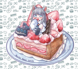 Rule 34 | 1girl, animal ears, blue eyes, blush, cake, cat ears, cat girl, eating, food, food in mouth, fruit, grey hair, happy birthday, highres, icing, indie virtual youtuber, long sleeves, looking at viewer, monja (monja0521), nachoneko, oversized food, oversized object, plate, shirt, solo, strawberry, strawberry shortcake, virtual youtuber, white shirt