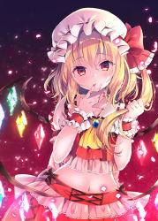 Rule 34 | 1girl, ascot, black background, blonde hair, blood, blush, bow, brooch, commentary request, crop top, crystal, flandre scarlet, gradient background, hair between eyes, hands up, hat, hat bow, holding, holding own hair, jewelry, light particles, long hair, midriff, mob cap, nail polish, navel, nemuri nemu, one side up, puffy short sleeves, puffy sleeves, red background, red bow, red eyes, red nails, red skirt, red vest, shirt, short sleeves, skirt, skirt set, solo, touhou, upper body, vest, white hat, white shirt, wings, wrist cuffs, yellow ascot