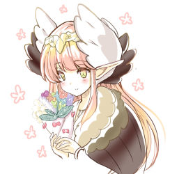 Rule 34 | 1girl, black wings, blue flower, blush, bouquet, brown flower, circe (fate), closed mouth, cropped torso, fate/grand order, fate (series), floral background, flower, green eyes, head wreath, holding, holding bouquet, long hair, long sleeves, motoi ayumu, pink hair, pointy ears, purple flower, simple background, smile, solo, upper body, very long hair, white background, white flower, white wings, wings