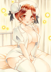 Rule 34 | 1girl, bed, brown eyes, brown hair, bun cover, coat, commentary request, curtains, double bun, drill hair, drill sidelocks, garter belt, garter straps, hair bun, hat, hayasaka akira, holding, holding thermometer, marker (medium), nurse, nurse cap, open clothes, open coat, open mouth, sidelocks, sitting, smile, solo, super real mahjong, suzu (o o1219), thermometer, thighhighs, traditional media, wariza, white thighhighs