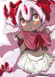 Rule 34 | 1girl, animal ear fluff, animal ears, arms up, blush, body fur, bow, brown eyes, capelet, claws, dark-skinned female, dark skin, extra arms, faputa, hair bow, highres, made in abyss, miniskirt, multiple tails, open mouth, red capelet, ribbon, sekaineko 001, short hair, sitting, skirt, solo, spread legs, tail, white hair, white skirt