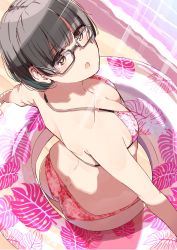 Rule 34 | 1girl, :o, ass, back, bare arms, beach, bikini, black hair, blunt bangs, breasts, brown eyes, cleavage, commentary request, floral print, from above, glasses, halterneck, highres, innertube, looking at viewer, nyoijizai, open mouth, original, outdoors, print bikini, red bikini, semi-rimless eyewear, short hair, shoulder blades, small breasts, solo, standing, swim ring, swimsuit, thighs, under-rim eyewear