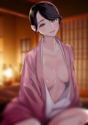 Rule 34 | 1girl, black hair, blurry, blurry background, breasts, closed mouth, commentary request, dytm, grey eyes, highres, indoors, japanese clothes, kimono, large breasts, lips, long sleeves, looking at viewer, mole, mole under eye, open clothes, open kimono, original, pink kimono, short hair, sliding doors, smile, solo