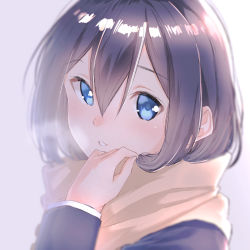 Rule 34 | 1girl, beige scarf, black hair, blue eyes, blue jacket, blush, breath, commentary request, enpera, gradient background, grey background, hair between eyes, hand up, highres, jacket, long sleeves, looking at viewer, original, parted lips, scarf, school uniform, smile, solo, suzunari shizuku, white background, yuki arare