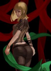 Rule 34 | 1girl, ass, back, black background, blonde hair, blunt bangs, bracelet, brown shirt, closed mouth, commentary request, cowboy shot, dated, drag-on dragoon, drag-on dragoon 2, half-closed eyes, highres, jewelry, lace, lace-trimmed shirt, lace trim, manah, red eyes, shirt, short hair, solo, wa (87s-87)