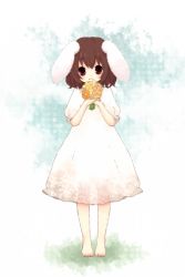 Rule 34 | 1girl, 1st-mn, animal ears, barefoot, bouquet, brown eyes, brown hair, rabbit ears, child, dress, feet, female focus, flower, full body, inaba tewi, solo, standing, touhou, white background