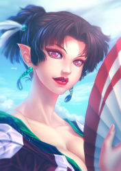 Rule 34 | 1girl, breasts, brown hair, cleavage, earrings, eyeshadow, feathers, gradient background, hand fan, highres, inuyasha, japanese clothes, jewelry, kagura (inuyasha), kimono, large breasts, lips, lipstick, makeup, nose, parted lips, pointy ears, ponytail, portrait, red eyes, solo, xong
