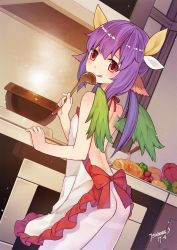 Rule 34 | 1girl, :q, absurdres, animal ears, apron, artist name, ass, back, blunt bangs, bread, breasts, dated, dutch angle, feathered wings, food, from behind, highres, indoors, isekai karano nono, kitchen, ladle, leaning forward, long hair, looking at viewer, looking back, low twintails, pantyhose, purple hair, red eyes, signature, small breasts, spoon, thighband pantyhose, tongue, tongue out, tsubasa tsubasa, twintails, white pantyhose, wings