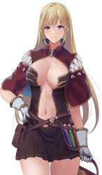 Rule 34 | 1girl, absurdres, belt, blonde hair, blush, breasts, brown belt, brown dress, caduceus, cape, cleavage, closed mouth, commentary request, cowboy shot, creator (ragnarok online), dress, gloves, hand on own hip, highres, large breasts, living clothes, long hair, looking at viewer, navel, plunging neckline, pouch, purple eyes, ragnarok online, red cape, sail (sail-away), short dress, simple background, smile, solo, strapless, strapless dress, teeth, vial, white background, white gloves
