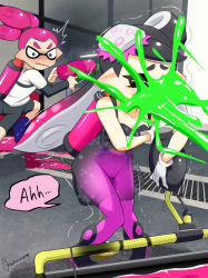 Rule 34 | 1boy, 1girl, artist name, ass, backpack, bag, bike shorts, black footwear, black hair, black jumpsuit, blue eyes, blue footwear, blush, boots, breasts, callie (splatoon), cleavage, closed eyes, closed mouth, collarbone, constricted pupils, domino mask, earrings, embarrassed, full body, gloves, gradient hair, hair tie, hand up, hands up, have to pee, holding, holding weapon, ink tank (splatoon), inkling player character, jewelry, jumpsuit, kakuume, knees together feet apart, layered sleeves, long hair, long sleeves, looking at another, looking back, mask, medium breasts, mole, mole under eye, multicolored hair, nintendo, notice lines, object on heat, outdoors, pantyhose, peeing, peeing self, pink hair, pink pantyhose, pointy ears, puddle, running, shirt, short hair, short jumpsuit, short over long sleeves, short sleeves, signature, solo focus, speech bubble, splat roller (splatoon), splatoon (series), splatoon 1, splatter, splattershot (splatoon), standing, surprised, sweat, tentacle hair, tentacles, topknot, trembling, weapon, wet, wet clothes, white gloves, white shirt, window, x-ray