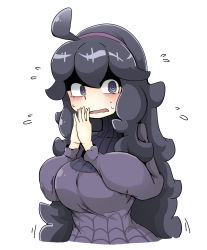 Rule 34 | 1girl, @ @, ahoge, alternate breast size, blush, breasts, creatures (company), cropped torso, dress, female focus, flying sweatdrops, game freak, hairband, hands up, hex maniac (pokemon), highres, large breasts, long hair, long sleeves, looking to the side, matching hair/eyes, nervous, nintendo, npc trainer, open mouth, own hands together, pokemon, pokemon xy, purple dress, purple eyes, purple hair, solo, sweat, tazonotanbo, turtleneck, turtleneck dress, upper body, white background