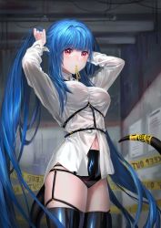 Rule 34 | 1girl, absurdres, belt, black panties, black thighhighs, blue hair, blush, breasts, caution tape, commentary, dizzy (guilty gear), english text, guilty gear, hair down, hand in own hair, highres, keep out, large breasts, long hair, looking at viewer, monster girl, mouth hold, navel, oohhya, panties, paper, red eyes, skin tight, solo, tail, thigh strap, thighhighs, thighs, underwear