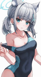 Rule 34 | animal ear fluff, animal ears, areola slip, blue archive, blue eyes, blush, breasts, cleavage, collarbone, cross hair ornament, earrings, hair ornament, halo, highres, jewelry, mismatched pupils, off shoulder, ripnte, shiroko (blue archive), shiroko (swimsuit) (blue archive), short hair, short ponytail, simple background, swimsuit, white background