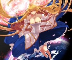 Rule 34 | 00s, ahoge, archetype earth, arcueid brunestud, bare shoulders, blonde hair, breasts, bridal gauntlets, cleavage, collarbone, dress, earth (planet), highres, large breasts, long hair, melty blood, moon, omimomimo, planet, pleated dress, red eyes, shoes, smile, solo, tsukihime, very long hair