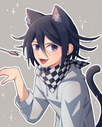 Rule 34 | 1boy, :d, absurdres, animal ear fluff, animal ears, black hair, black scarf, cat boy, cat ears, cat tail, checkered clothes, checkered neckwear, checkered scarf, cheer (cheerpuppy14), commentary, danganronpa (series), danganronpa v3: killing harmony, english commentary, extra ears, fang, grey background, grey hoodie, hair between eyes, hand up, highres, hood, hoodie, long sleeves, looking at viewer, male focus, oma kokichi, open mouth, outline, purple eyes, scarf, smile, solo, sparkle, straitjacket, tail, upper body, white outline, white scarf