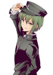 Rule 34 | 1boy, angel beats!, badge, black hat, ca2la, commentary request, gakuran, green hair, hat, highres, holding, holding clothes, holding hat, looking at viewer, male focus, naoi ayato, school uniform, simple background, smile, solo, uniform, upper body, white background, yellow eyes