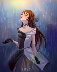 Rule 34 | 1girl, aqua eyes, artist name, artist request, back bow, bare shoulders, belt, black dress, black gloves, black skirt, blue eyes, blush, bow, breasts, brown hair, buttons, choker, cleavage, clenched hand, cloud, collarbone, cuss chan, dress, drop earrings, earrings, closed eyes, female focus, gloves, grey belt, grey bow, grey skirt, hair between eyes, hair bow, high ponytail, highres, jewelry, lace, lace gloves, long hair, looking at viewer, love live!, love live! nijigasaki high school idol club, love live! school idol festival, multicolored clothes, necklace, off-shoulder dress, off shoulder, osaka shizuku, outdoors, parted lips, ponytail, rain, sidelocks, skirt, sky, sleeveless, sleeveless dress, small breasts, smile, solitude rain (love live!), solo, two-tone dress, white bow, white dress, white skirt