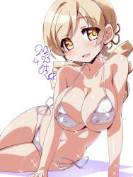 Rule 34 | 1girl, bikini, blonde hair, blush, breasts, cleavage, dated, drill hair, large breasts, long hair, looking at viewer, mahou shoujo madoka magica, mahou shoujo madoka magica (anime), miuku (marine sapphire), navel, open mouth, shiny skin, short twintails, simple background, skindentation, solo, string bikini, sweat, swimsuit, tomoe mami, twin drills, twintails, white background, white bikini, yellow eyes