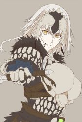 Rule 34 | 1girl, armor, armored dress, bazelgeuse, bazelgeuse (armor), belt, breastplate, breasts, clenched teeth, commentary, crossover, fate/grand order, fate (series), from side, fur trim, gauntlets, grin, hashimoto (frog flag), headpiece, holding, holding sword, holding weapon, jeanne d&#039;arc (fate), jeanne d&#039;arc alter (avenger) (fate), jeanne d&#039;arc alter (fate), large breasts, looking at viewer, monster hunter, monster hunter: world, monster hunter (series), reverse grip, silver hair, smile, solo, sword, teeth, weapon, yellow eyes