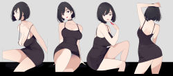 Rule 34 | 1girl, arm up, black dress, black hair, bob cut, breasts, cleavage, cropped legs, dress, feet out of frame, from behind, grey background, head tilt, large breasts, mikoto akemi, multiple views, original, parted lips, short hair, sitting, smile, strap gap, strap slip, thighs