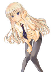 Rule 34 | 1girl, absurdres, black pantyhose, blue eyes, blue necktie, closed mouth, commentary request, diagonal-striped clothes, diagonal-striped necktie, diagonal-striped neckwear, dress shirt, hand in own hair, hand on own thigh, highres, kusano kouichi, light brown hair, long hair, looking at viewer, necktie, no pants, original, panties, panties under pantyhose, pantyhose, shirt, short sleeves, simple background, smile, solo, standing, striped clothes, striped necktie, striped neckwear, thigh gap, thighband pantyhose, underwear, white background, white shirt, wing collar