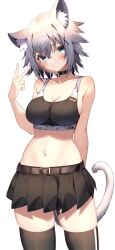 Rule 34 | 1girl, animal ears, armpit crease, bare arms, bare shoulders, belt, black choker, black skirt, black sports bra, black thighhighs, blue eyes, breasts, cat ears, cat girl, cat tail, choker, cleavage, commission, cowboy shot, crop top, expressionless, grey hair, hair ornament, hand up, highres, jun (aousa0328), large breasts, looking at viewer, midriff, miniskirt, navel, original, pleated skirt, short hair, skeb commission, skindentation, skirt, sleeveless, solo, sports bra, standing, stomach, tail, thighhighs, thighs, v, x hair ornament, zettai ryouiki