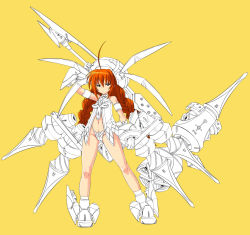 Rule 34 | 1girl, adapted costume, ahoge, blue eyes, blush, braid, closed mouth, full body, long hair, looking at viewer, lyrical nanoha, mahou shoujo lyrical nanoha, mahou shoujo lyrical nanoha a&#039;s, mahou shoujo lyrical nanoha strikers, monochrome background, nekomamire, orange hair, partially colored, simple background, solo, twin braids, twintails, vita (nanoha), yellow background